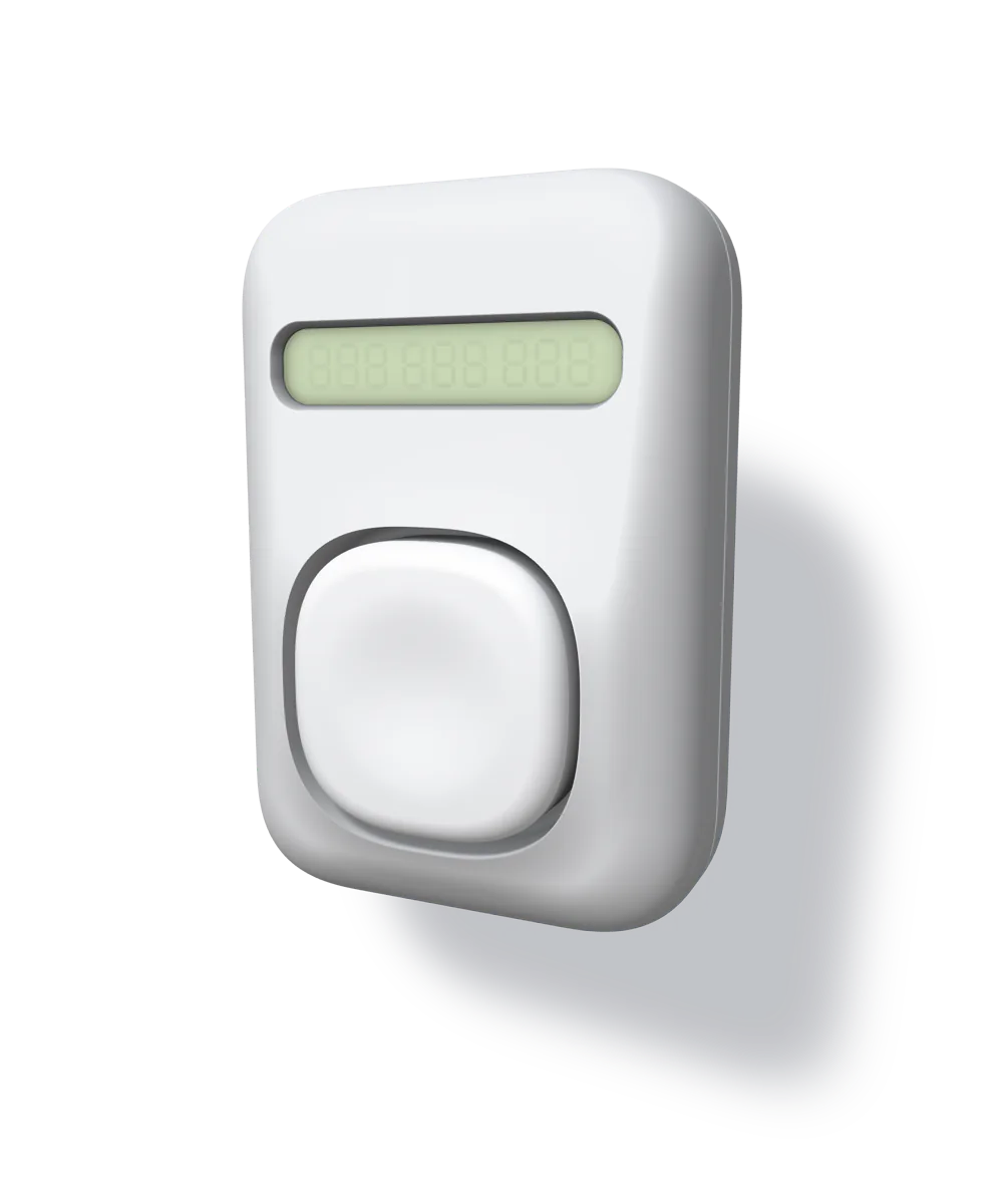 a clicker.: a white plastic slab with a nine-digit seven-segment display and one large key, turned a little to show its rounded flank